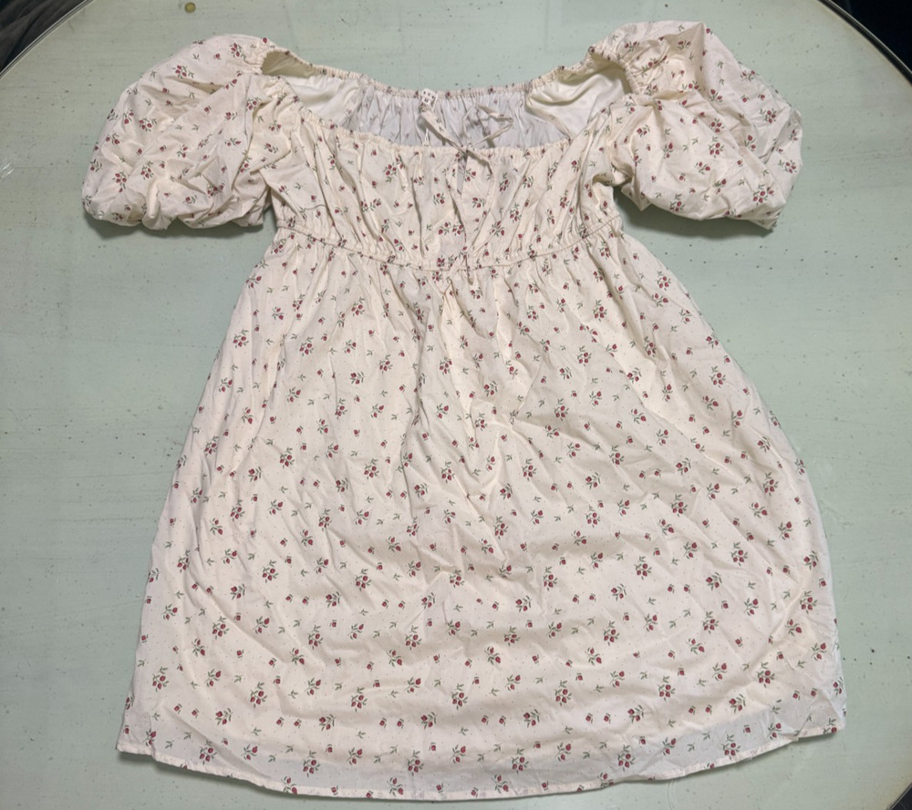 Baevely Women's Smocked Puff Sleeve Floral Mini Dress Ivory NWT Medium
